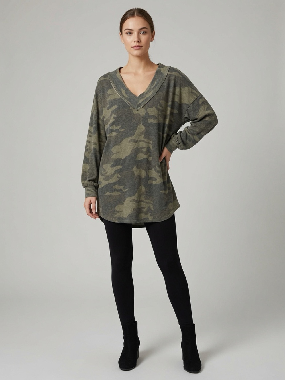 Oversized V-Neck Camo Tunic Top - Olive